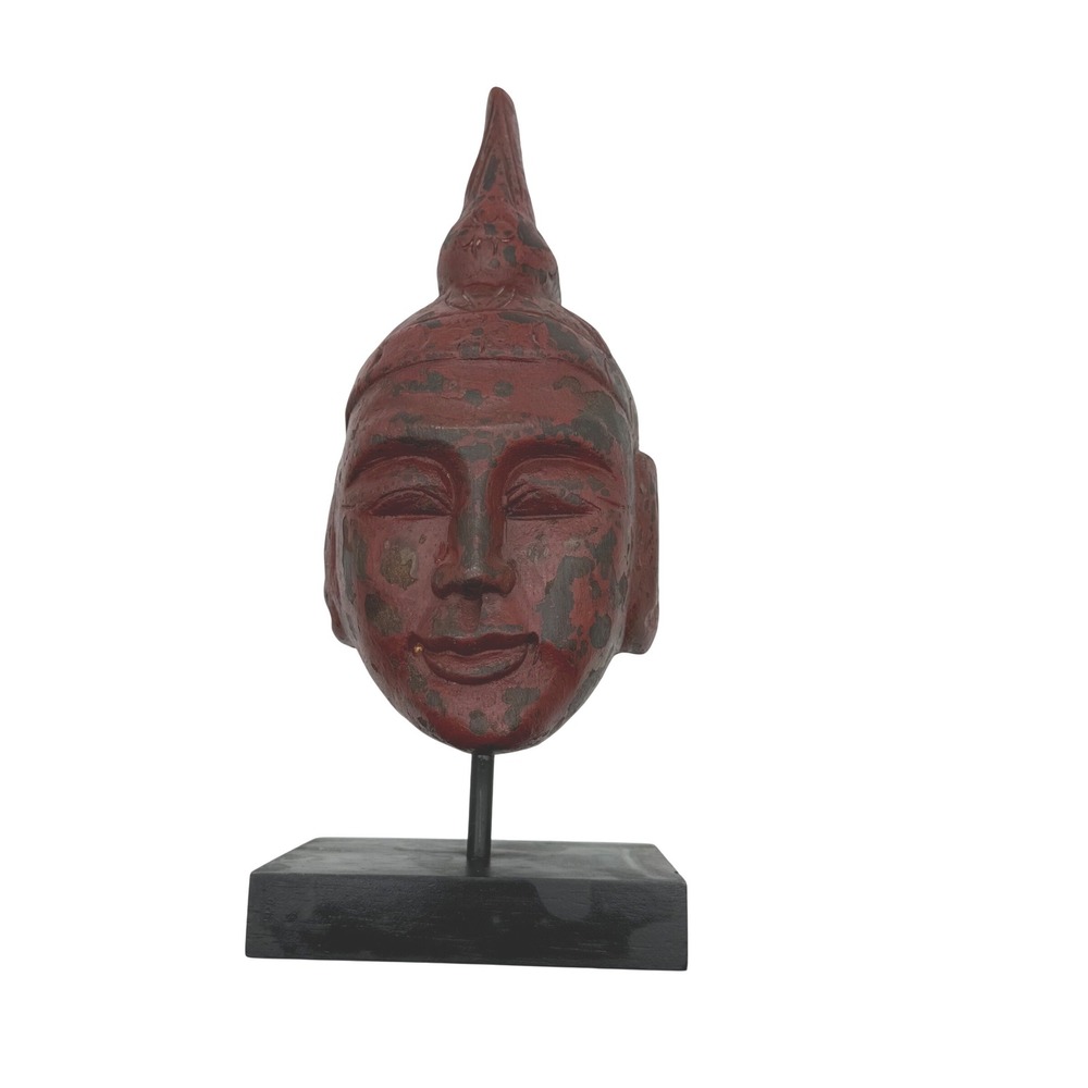 Vtg Tribal Red‎ Buddha Head Sculpture on Museum Stand Distressed Artifact Mask